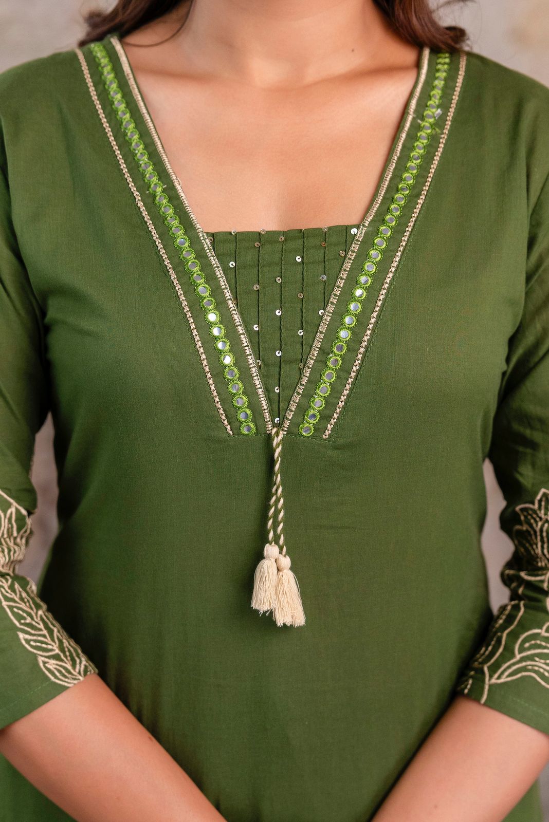 Olive Green Embroidered Cotton Kurta Set with Dupatta – Women’s Ethnic Wear