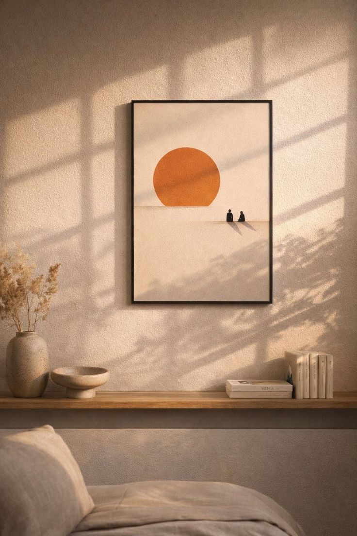 Terracotta sun minimalist art above wood shelf with pampas grass vase and books in serene bedroom