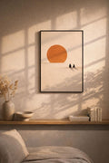 Terracotta sun canvas with two figures above floating wood shelf in warm linen bedroom