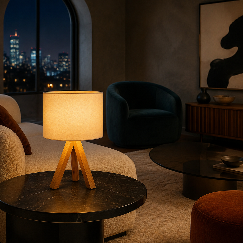Amber wooden tripod lamp glowing on marble side table in elegant lounge