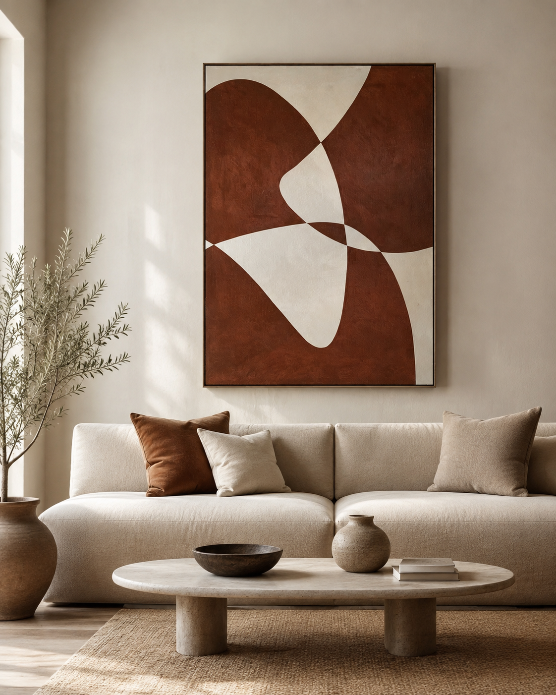 Large abstract terracotta canvas above cream boucle sofa in warm minimalist living room