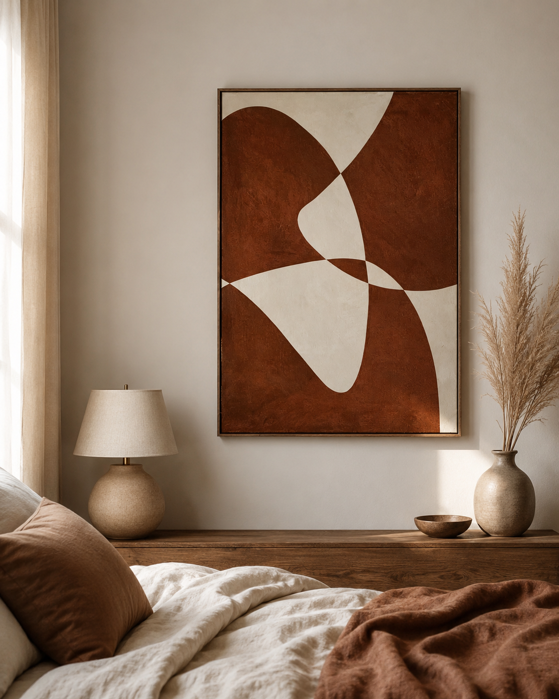 Abstract terracotta wall art above rumpled linen bed with pampas grass and ceramic vase