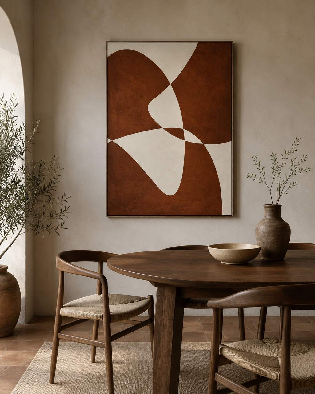 Bold terracotta abstract canvas above round dark wood dining table in arched Mediterranean dining room