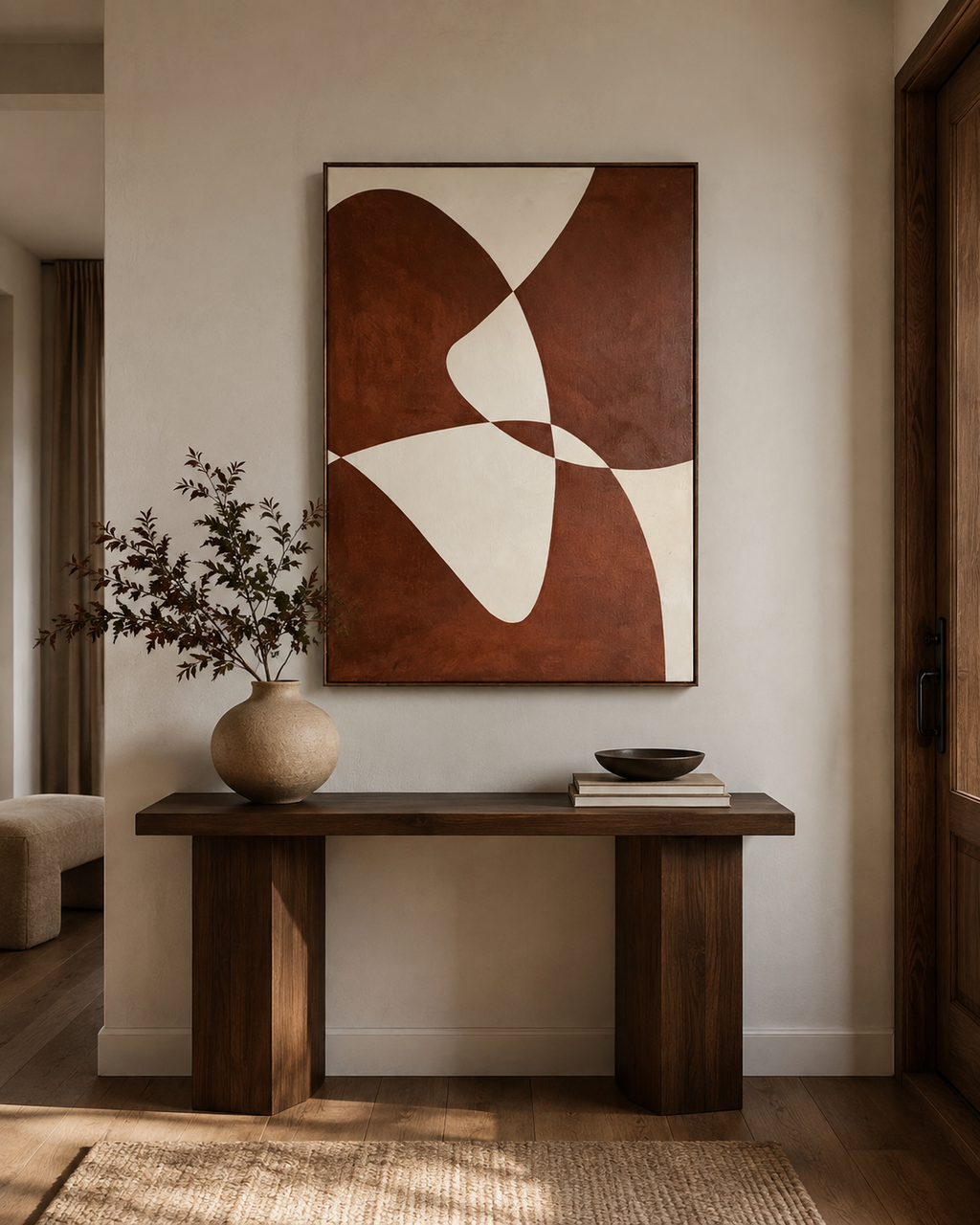Large terracotta abstract art above dark wood console table with textured vase in warm entryway