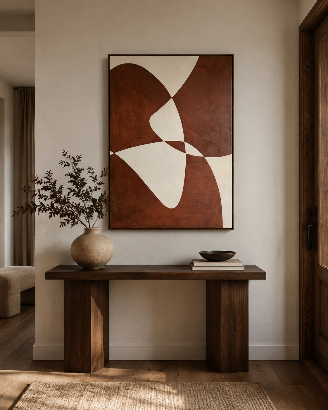 Large terracotta abstract art above dark wood console table with textured vase in warm entryway
