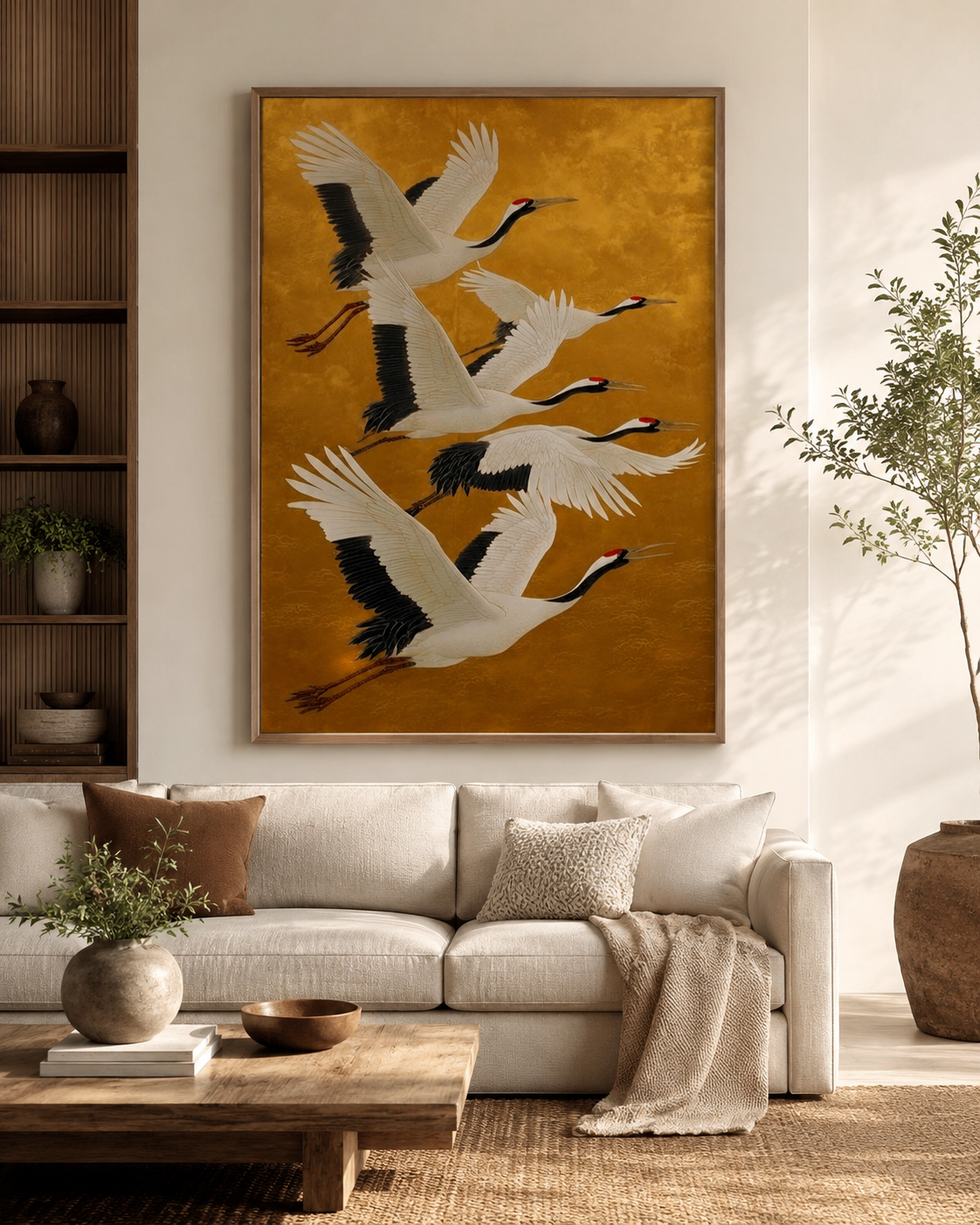 Large golden cranes canvas above cream boucle sofa with olive tree in warm minimalist living room