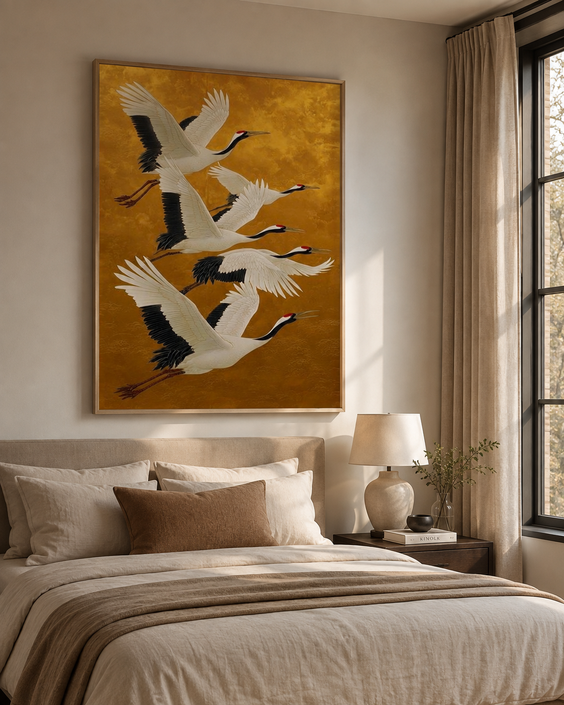Golden cranes art above linen bed with warm amber curtains and ceramic lamp in serene bedroom
