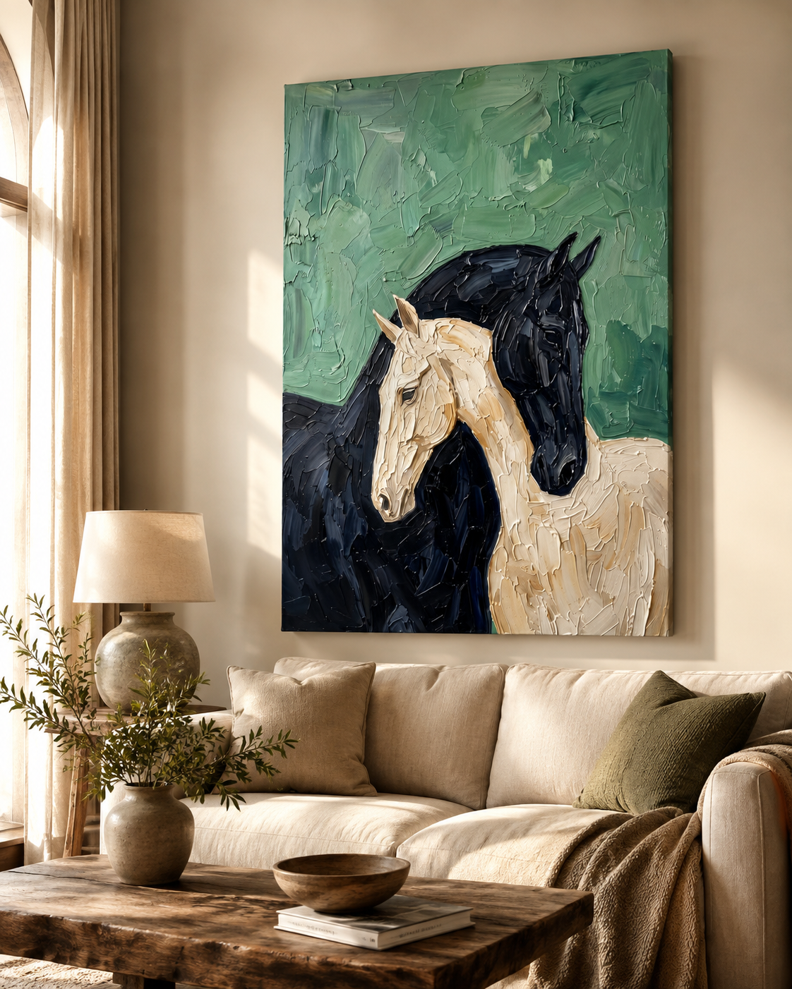 Two horses impasto canvas above cream boucle sofa with olive branches and round wood coffee table in warm living room