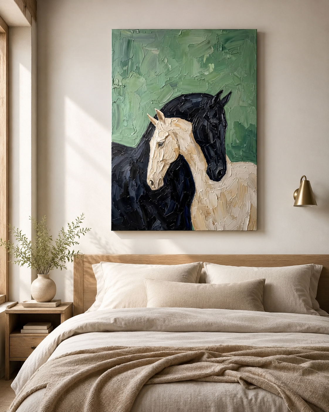 Black and white horses impasto art above linen bed with oak nightstand and brass wall sconce in Japandi bedroom