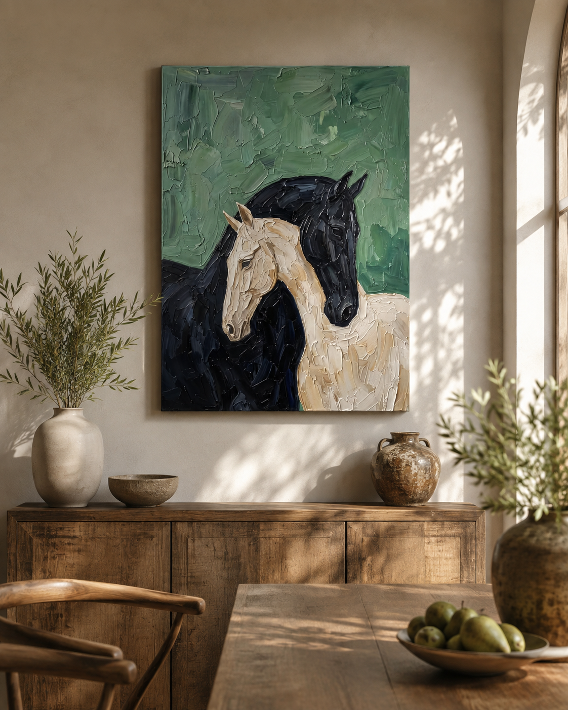 Two horses textured canvas above rustic wood sideboard with white ceramic vase and terracotta jar in dining room
