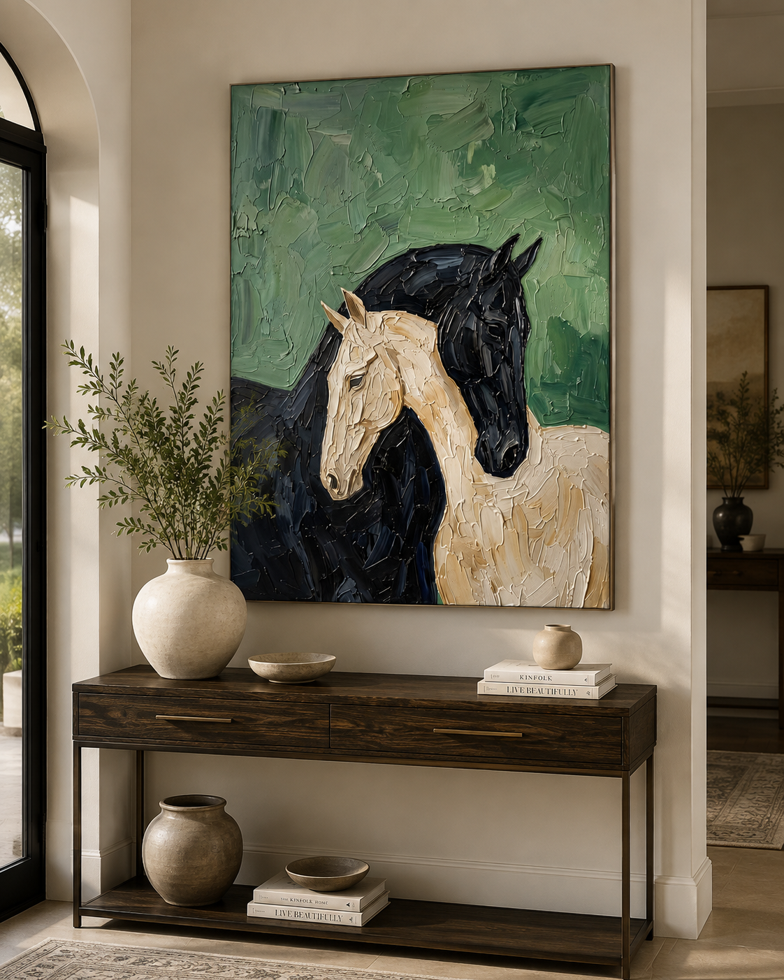 Large two horses impasto painting above dark console table with cream vases and Kinfolk books in arched entryway
