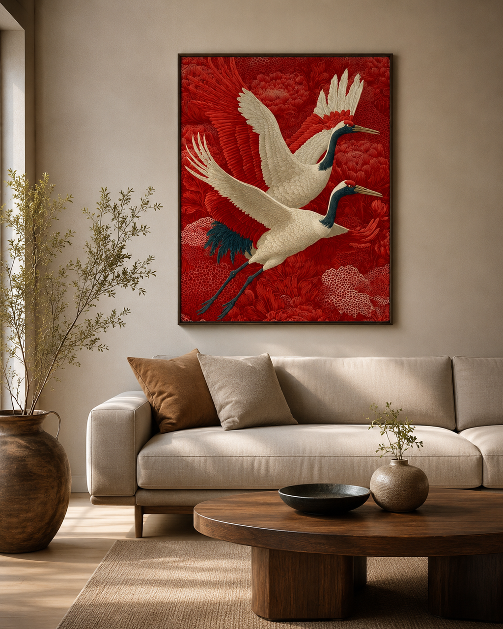 Bold red cranes canvas above cream linen sofa with round wood coffee table in warm minimalist living room