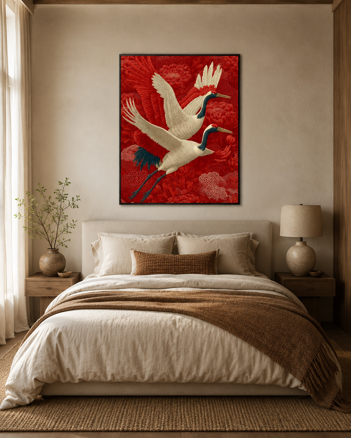 Red cranes statement art above linen bed with oak nightstands in serene Japandi bedroom