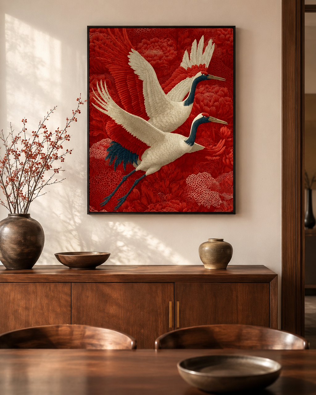 Red cranes canvas above dark walnut sideboard with bronze vessels and red blossom branches in dining room