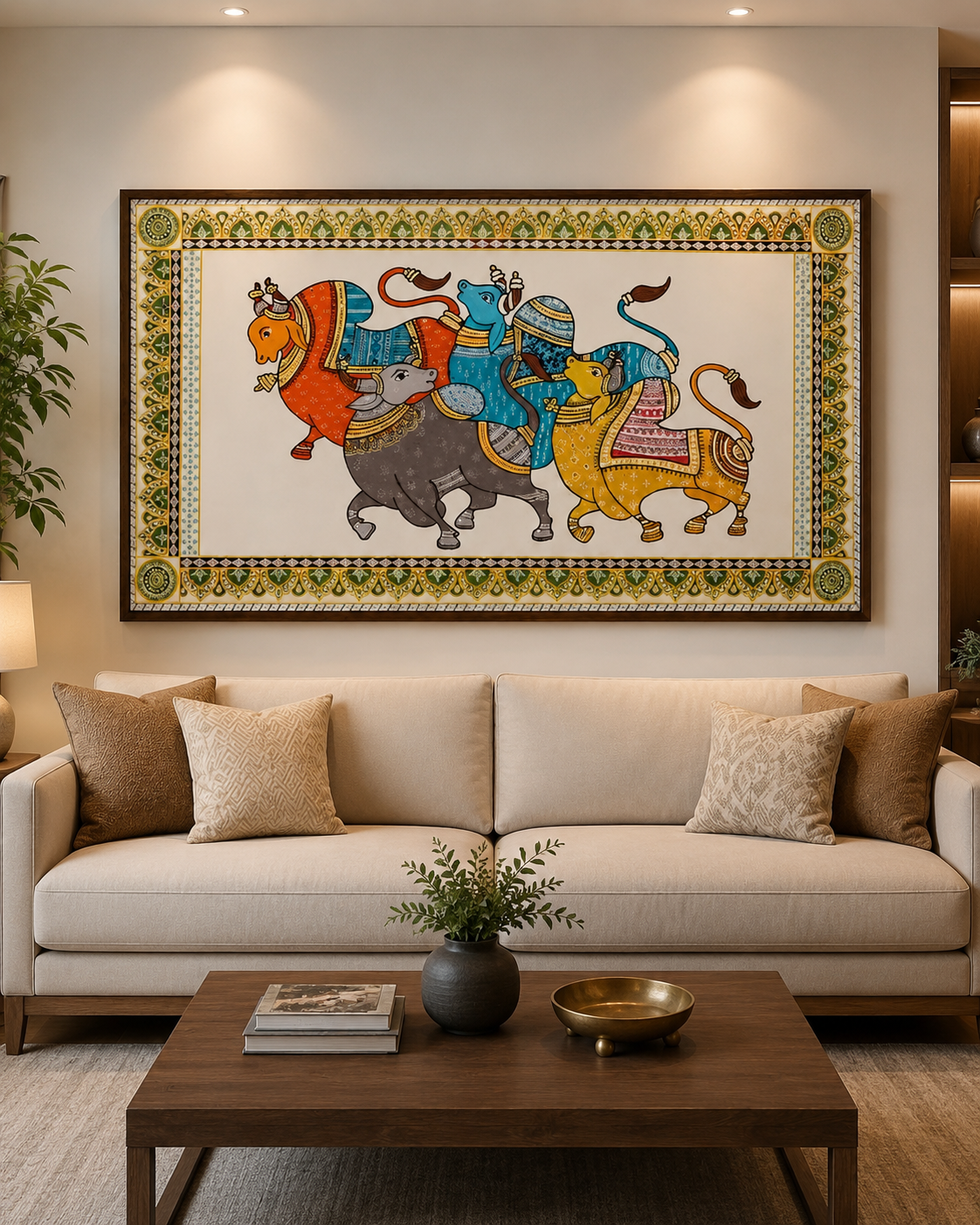 Pattachitra bulls canvas above cream sofa with dark coffee table and brass bowl in warm Indian living room