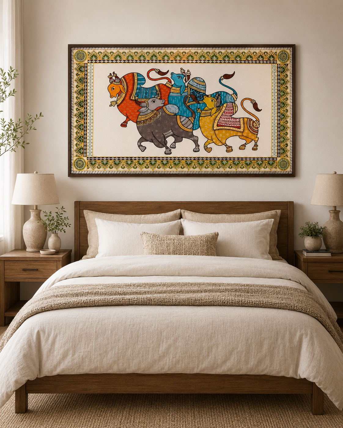 Pattachitra folk art bulls above oak bed with linen bedding and ceramic lamps in serene bedroom