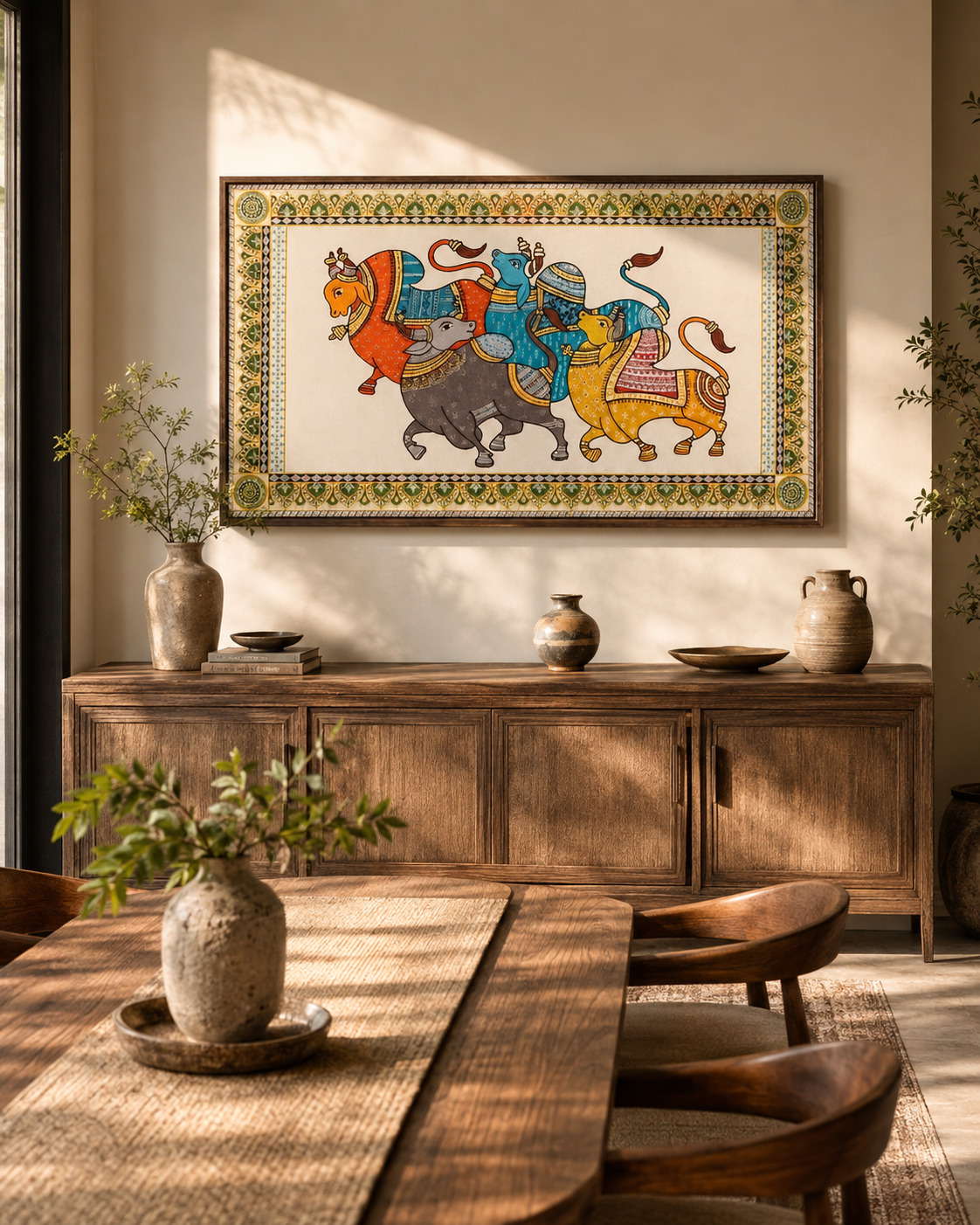 Pattachitra bulls canvas above rustic wood sideboard with terracotta vases in sunlit dining room