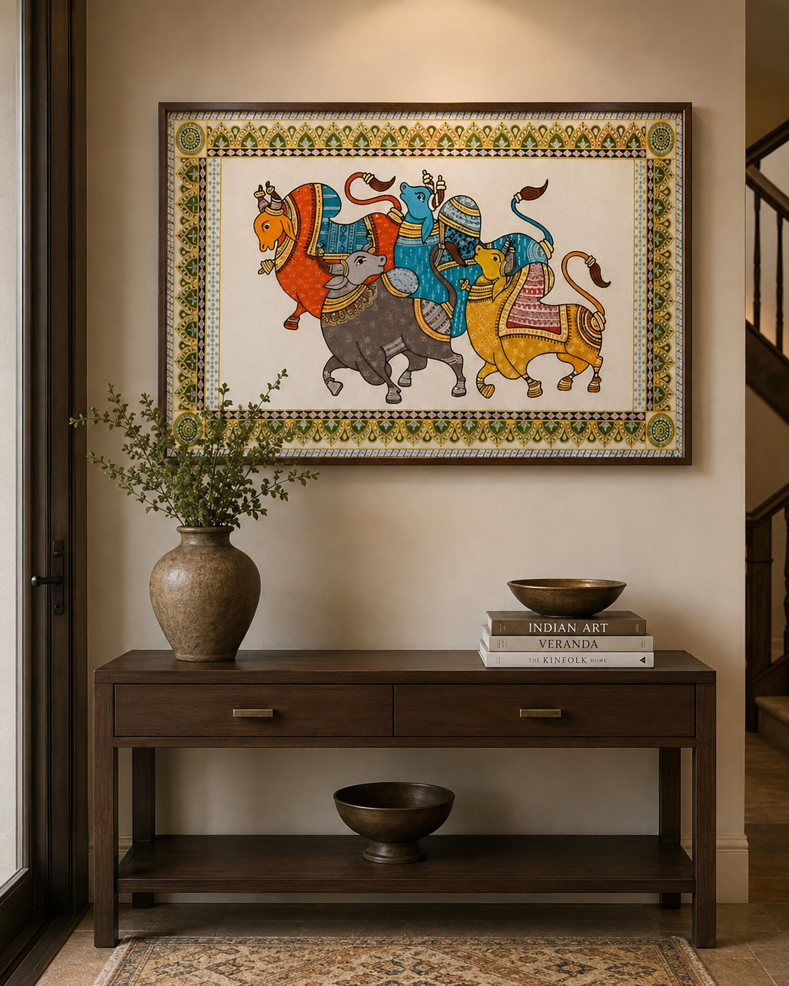 Pattachitra bulls folk art above dark console table with brass bowl and Indian art books in grand entryway
