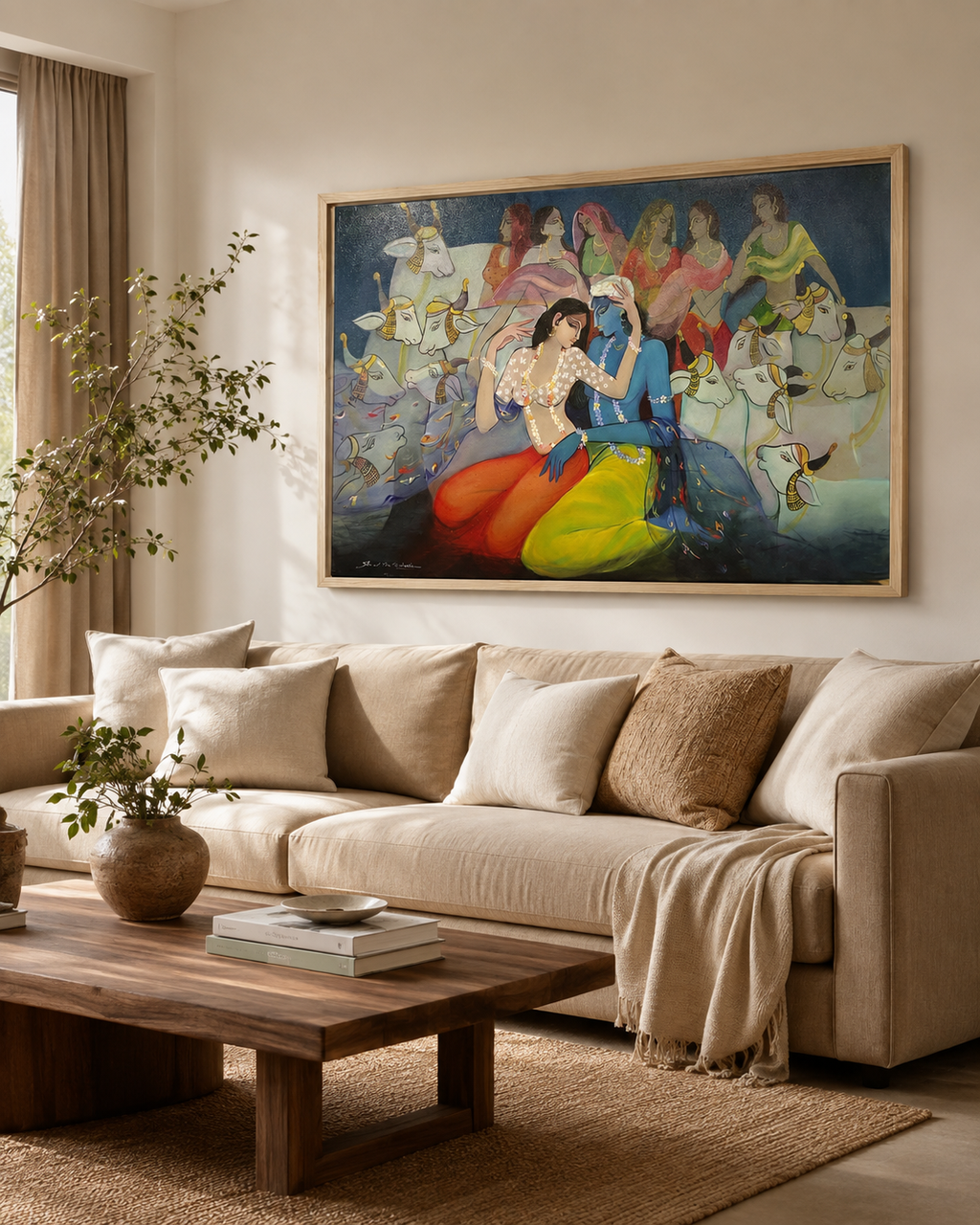 Radha Krishna canvas above cream linen sofa with olive tree and wood coffee table in warm Indian living room