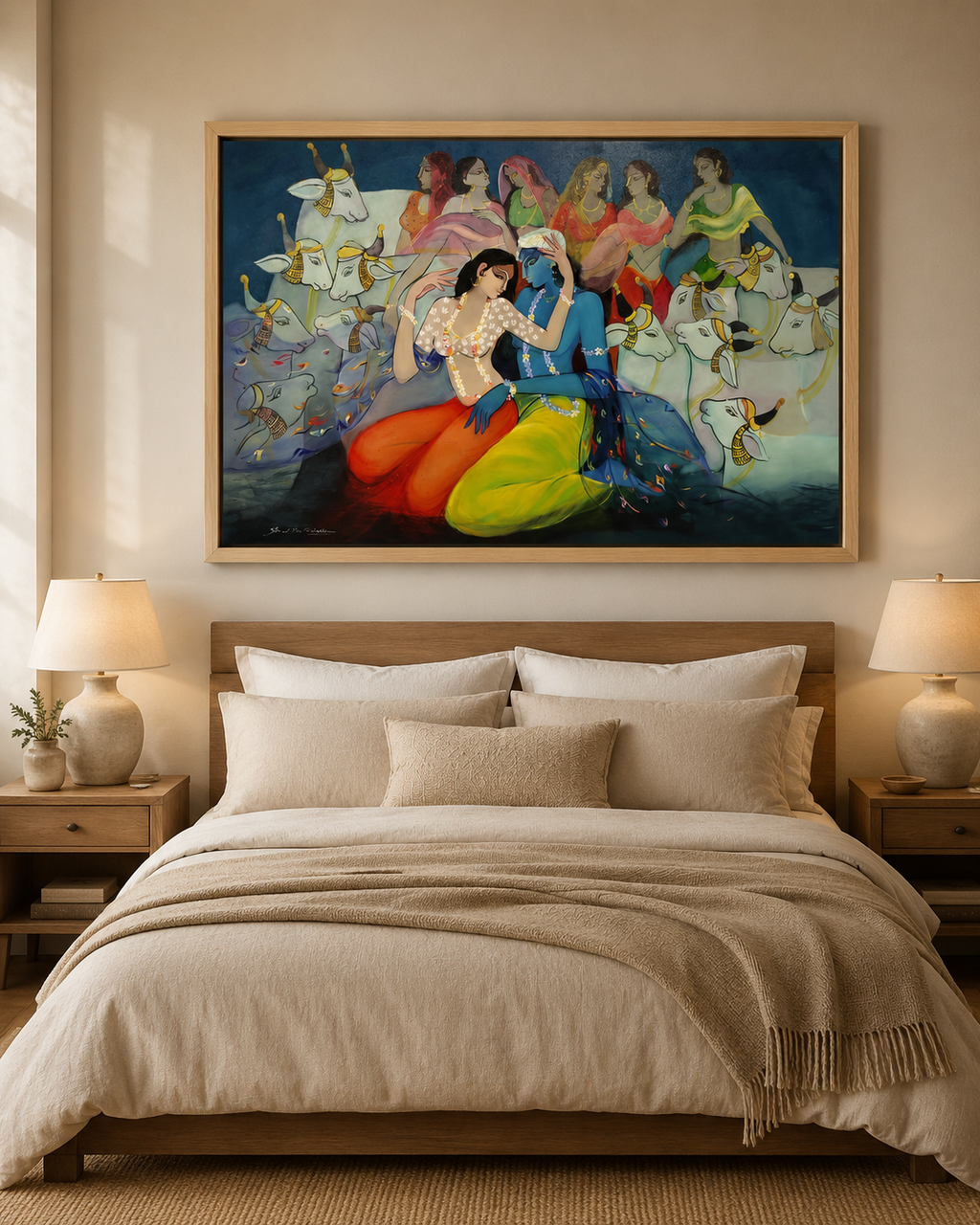 Radha Krishna devotional painting above oak bed with linen bedding and ceramic lamps in serene bedroom