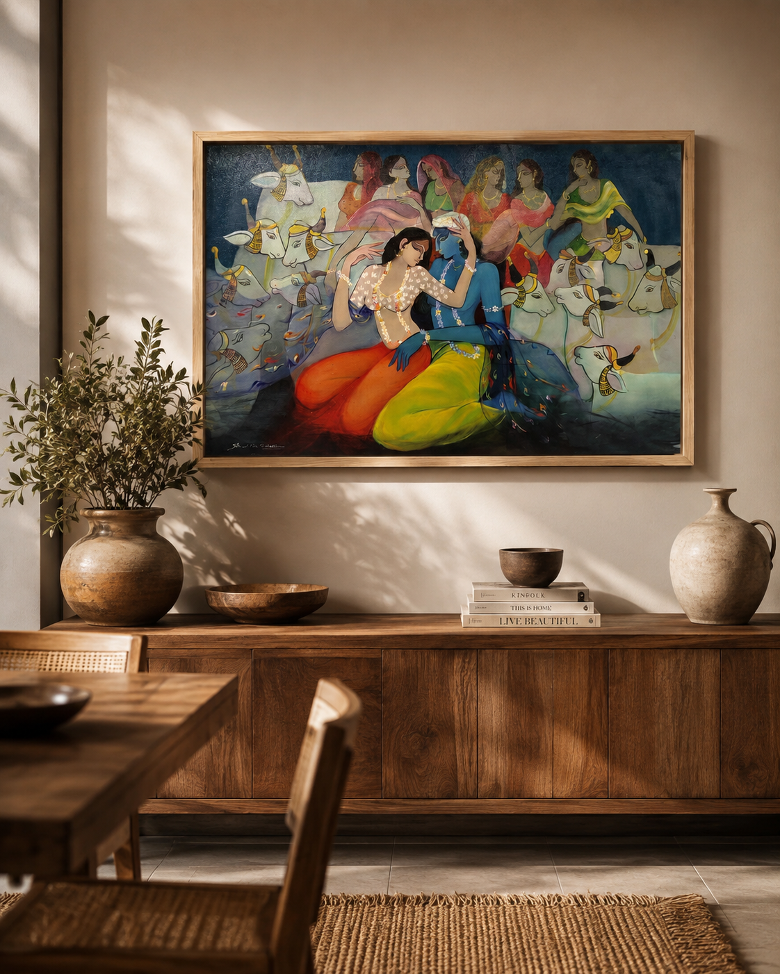 Radha Krishna classical art above rustic wood sideboard with terracotta vases and books in Japandi dining room