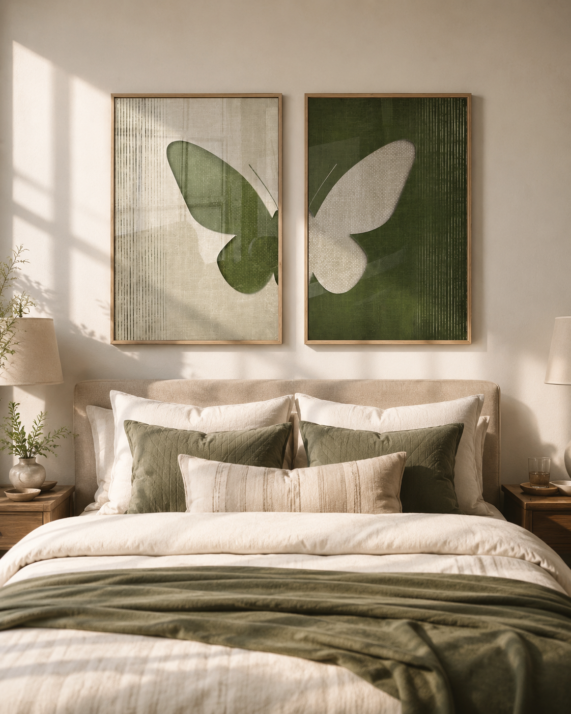 Green and cream butterfly diptych canvases above linen bed with oak nightstands in serene Japandi bedroom