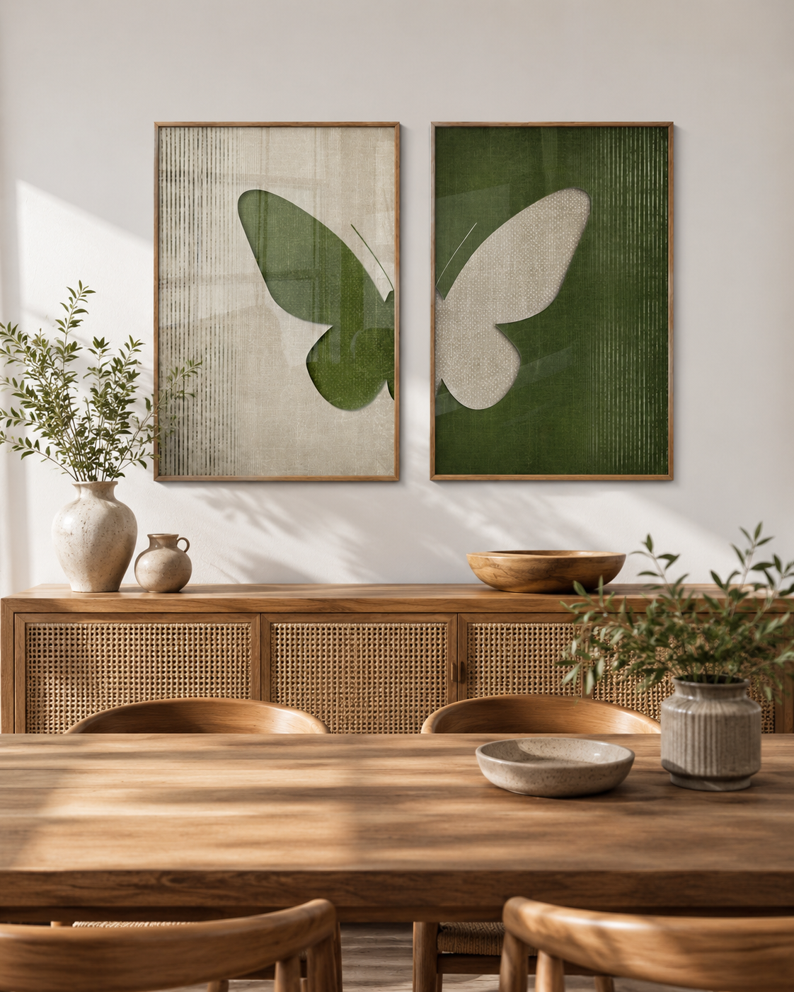 Butterfly diptych pair above rattan sideboard with ceramic vases and wood bowl in sunlit dining room