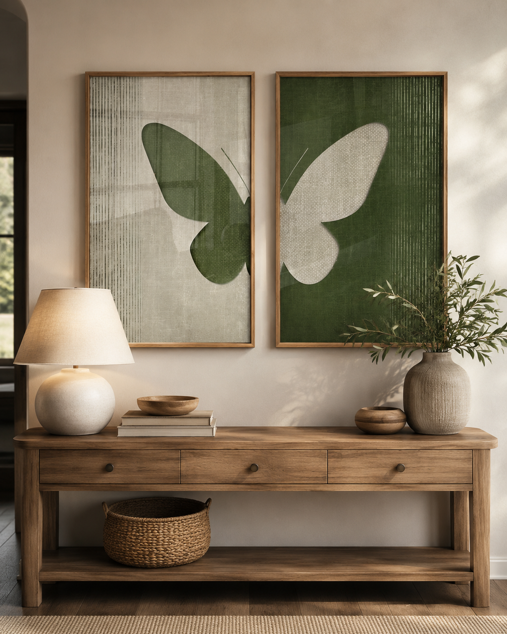 Green butterfly diptych above oak console table with round lamp and olive branch vase in warm entryway