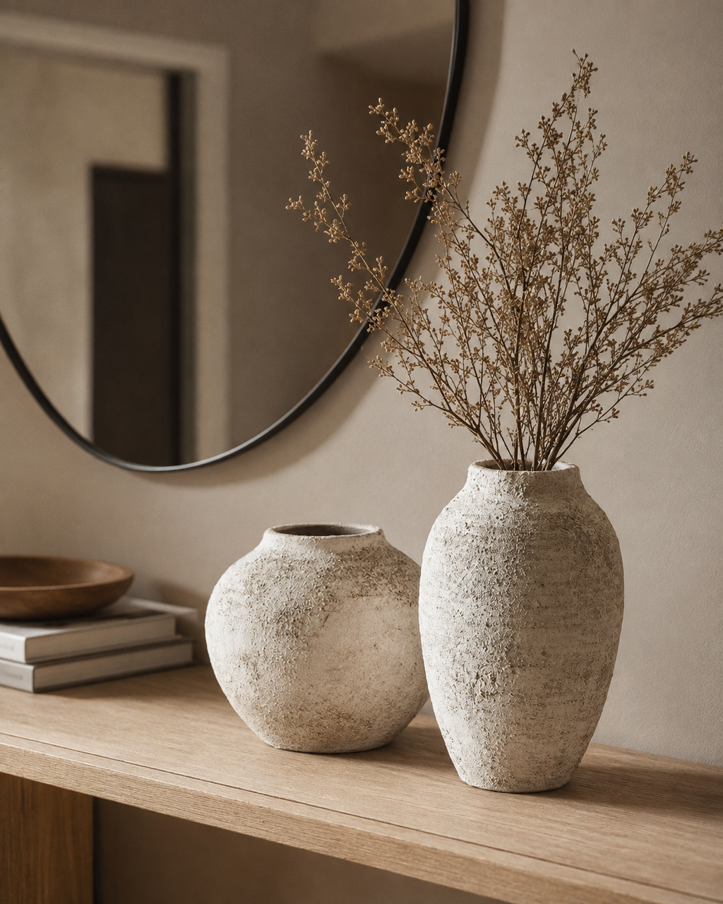 Tall and round raw stone vase pair with dried branches on oak console below round black mirror in minimal entryway
