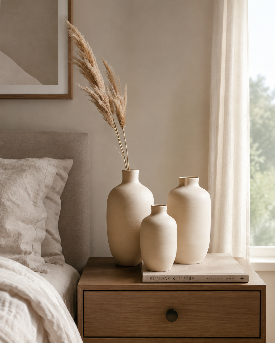 Three matte cream bottle vases on oak nightstand with pampas grass beside linen bed and sheer curtain