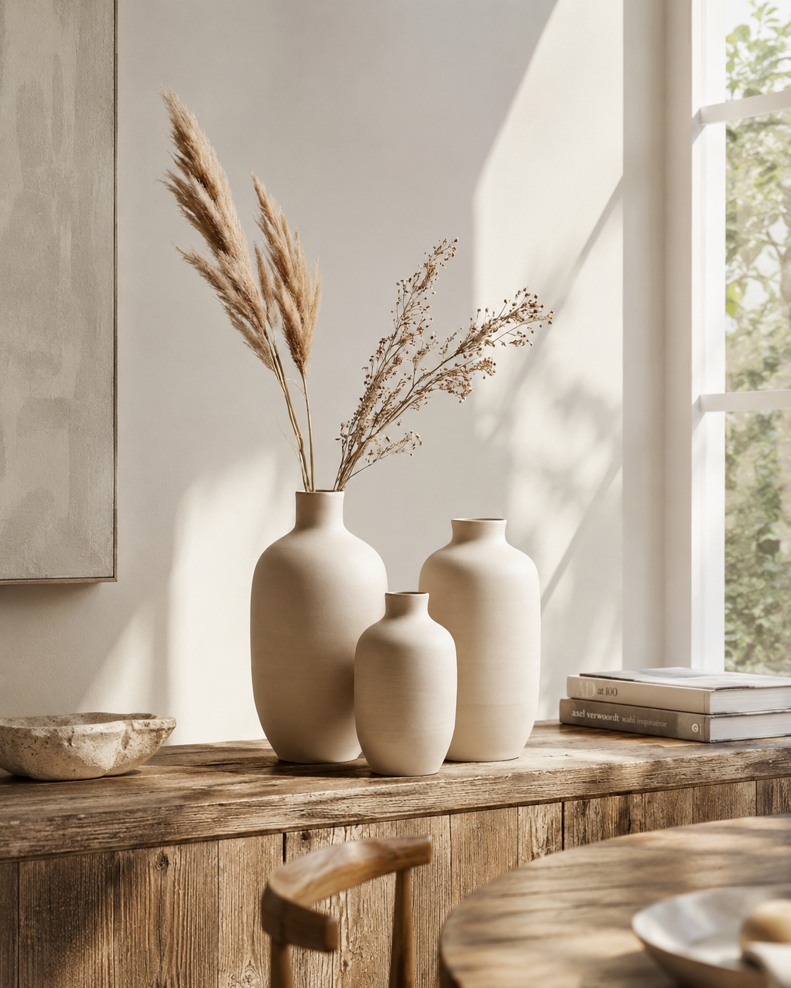 Cream ceramic vase set of 3 on reclaimed wood sideboard with pampas and dried flowers in sun-drenched dining room