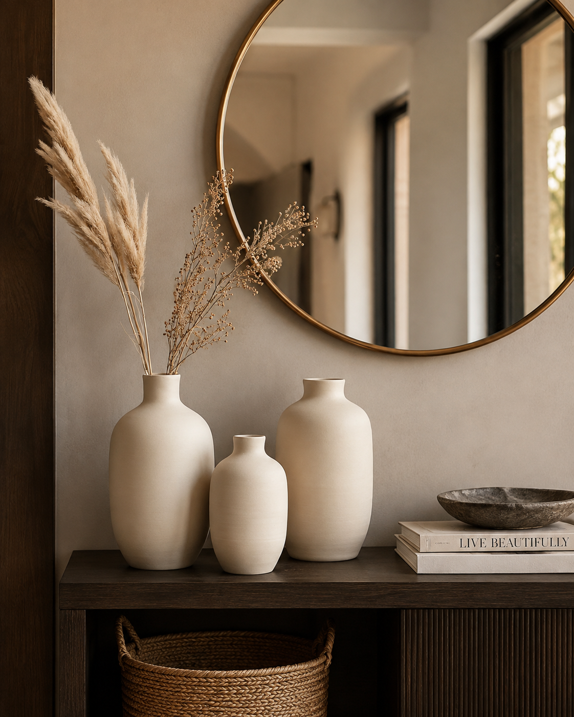 Matte cream vase trio with pampas grass on dark wood console below gold round mirror with stone bowl and book