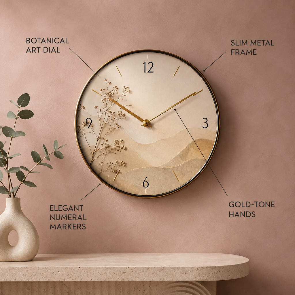 Elegant botanical art clock feature callout