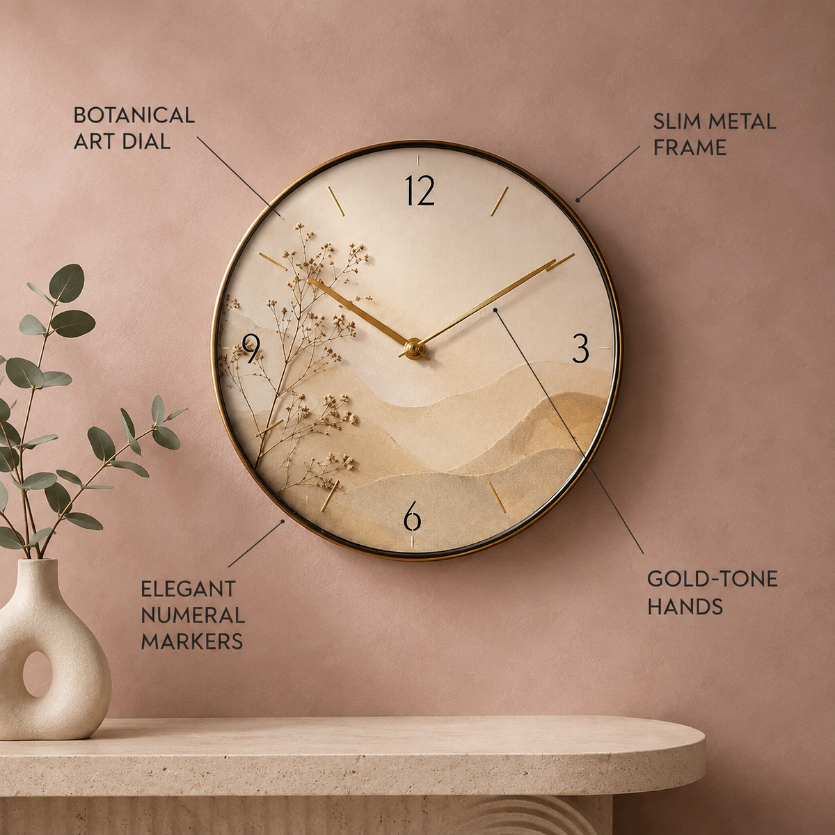 Elegant botanical art clock feature callout
