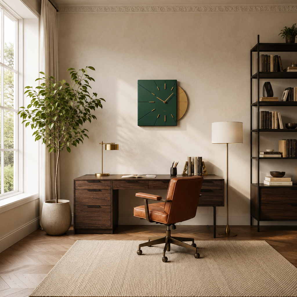 Forest green clock above a walnut desk in home office