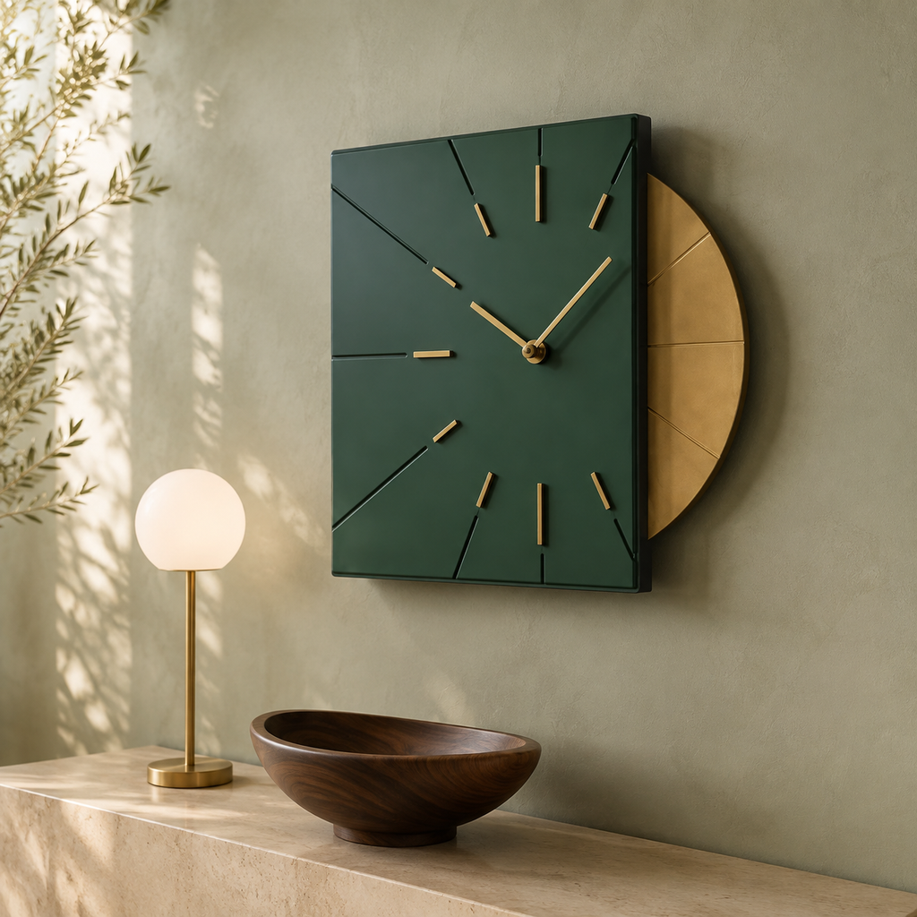 Forest green clock with gold backing on sage wall