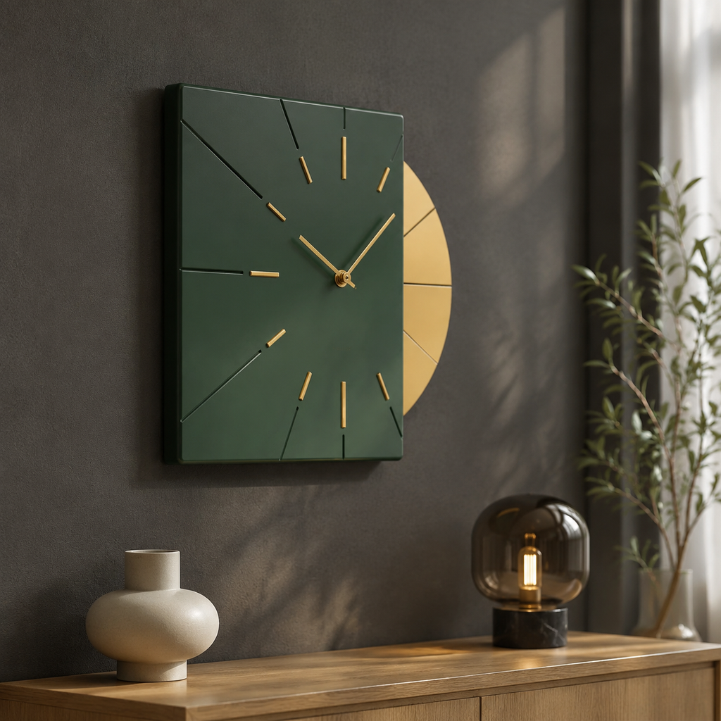 Forest green layered clock in luxe interior
