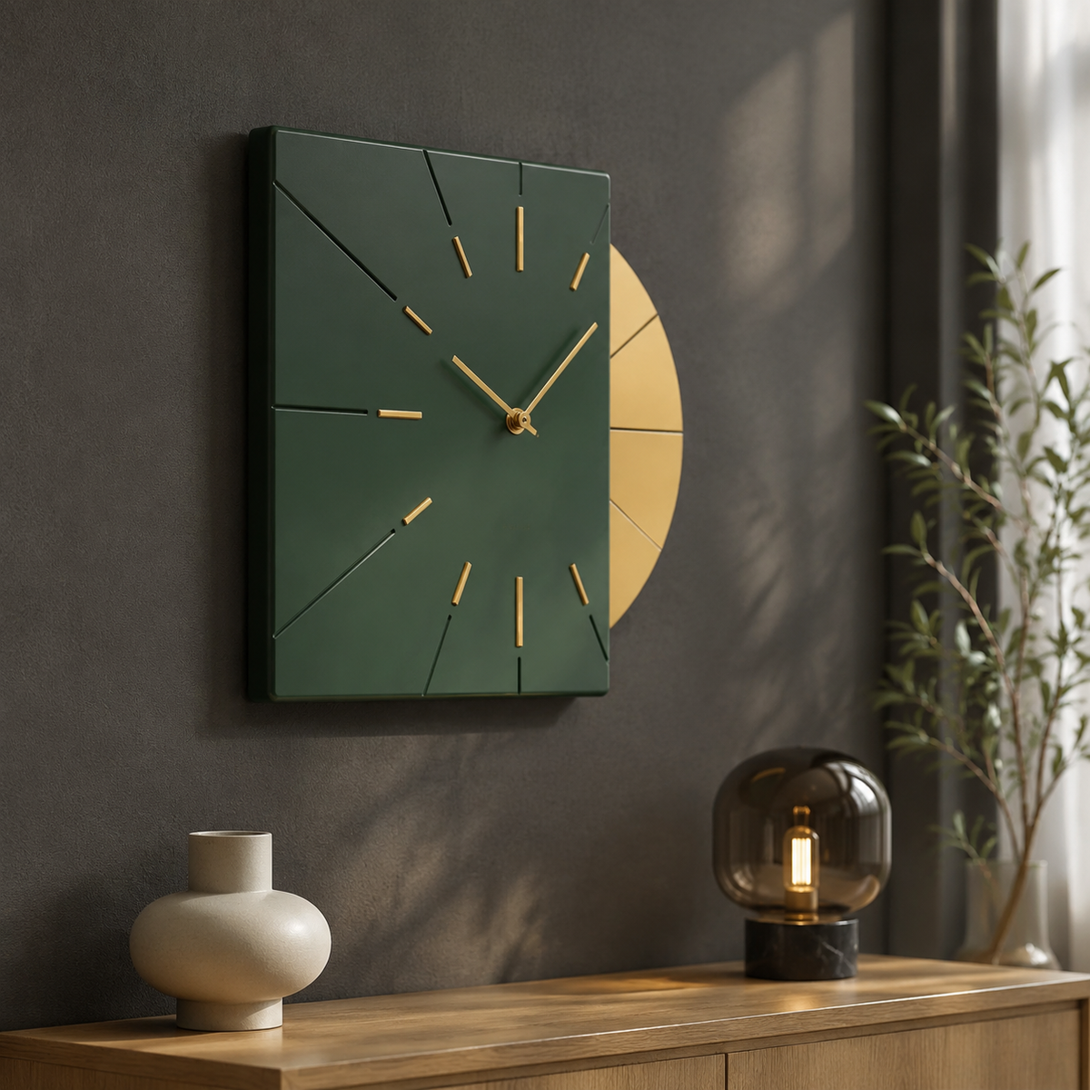 Forest green layered clock in luxe interior