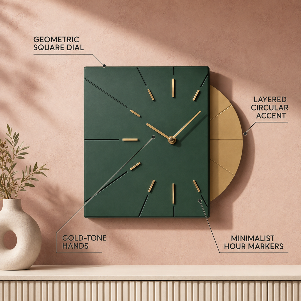 Geometric square clock feature showcase infographic