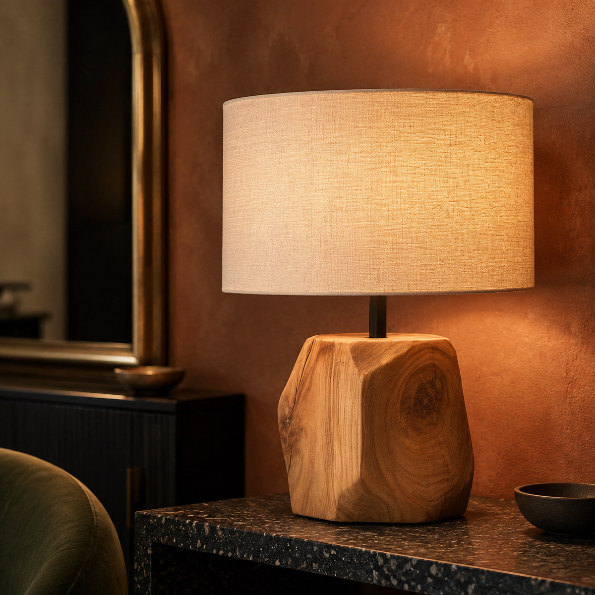 Glowing faceted wood lamp in warm entryway setting