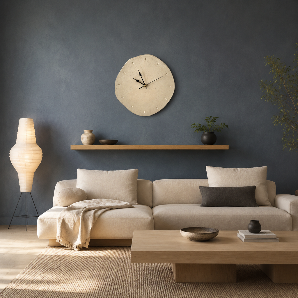 Handmade beige wall clock in Japandi living room