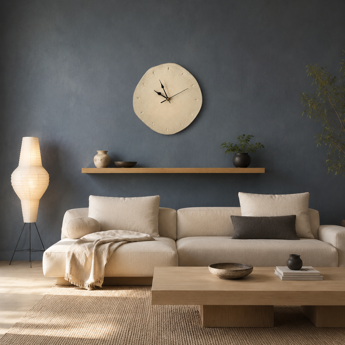 Handmade beige wall clock in Japandi living room