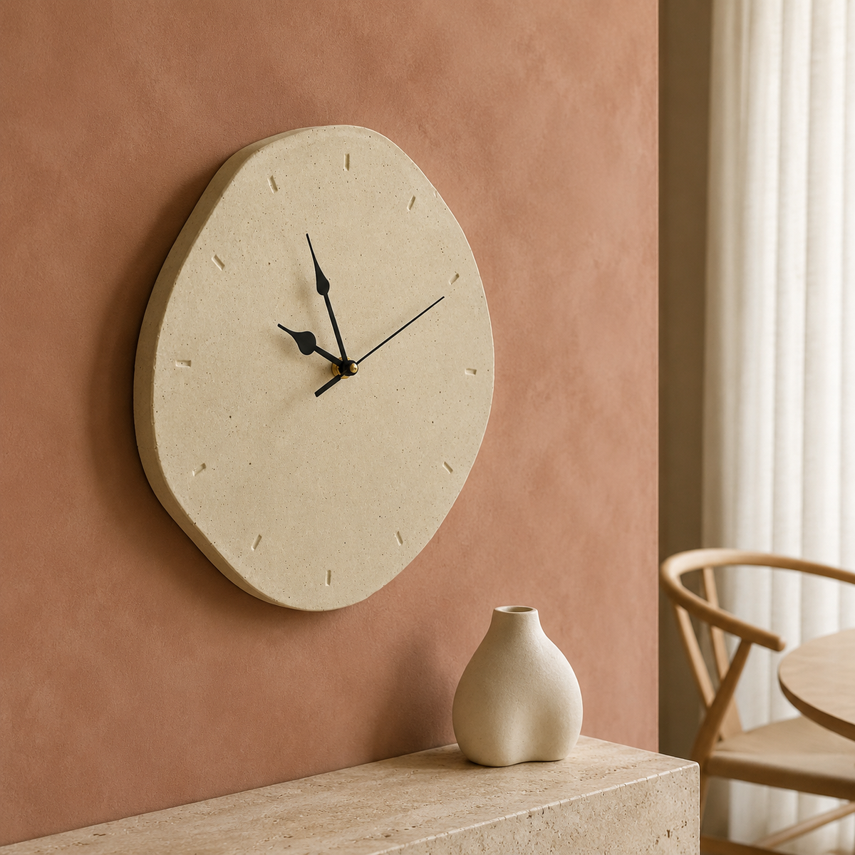 Handmade beige wall clock in terracotta nook