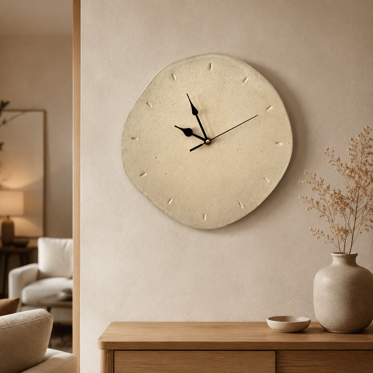 Handmade beige wall clock in warm living room