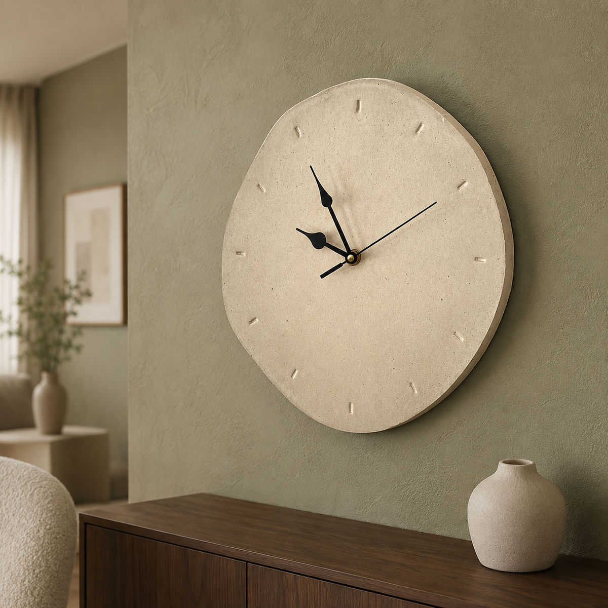 Handmade beige wall clock in sage nook