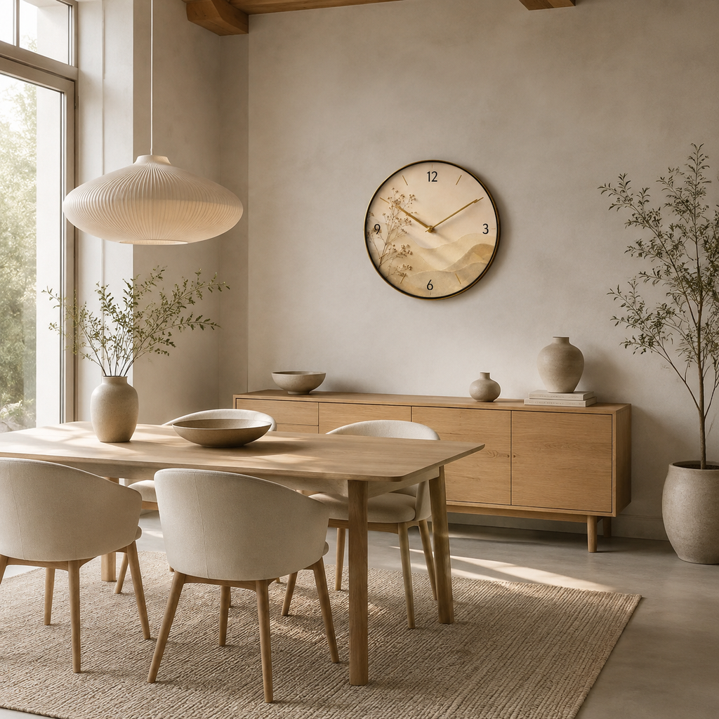 Japandi dining room with artistic wall clock