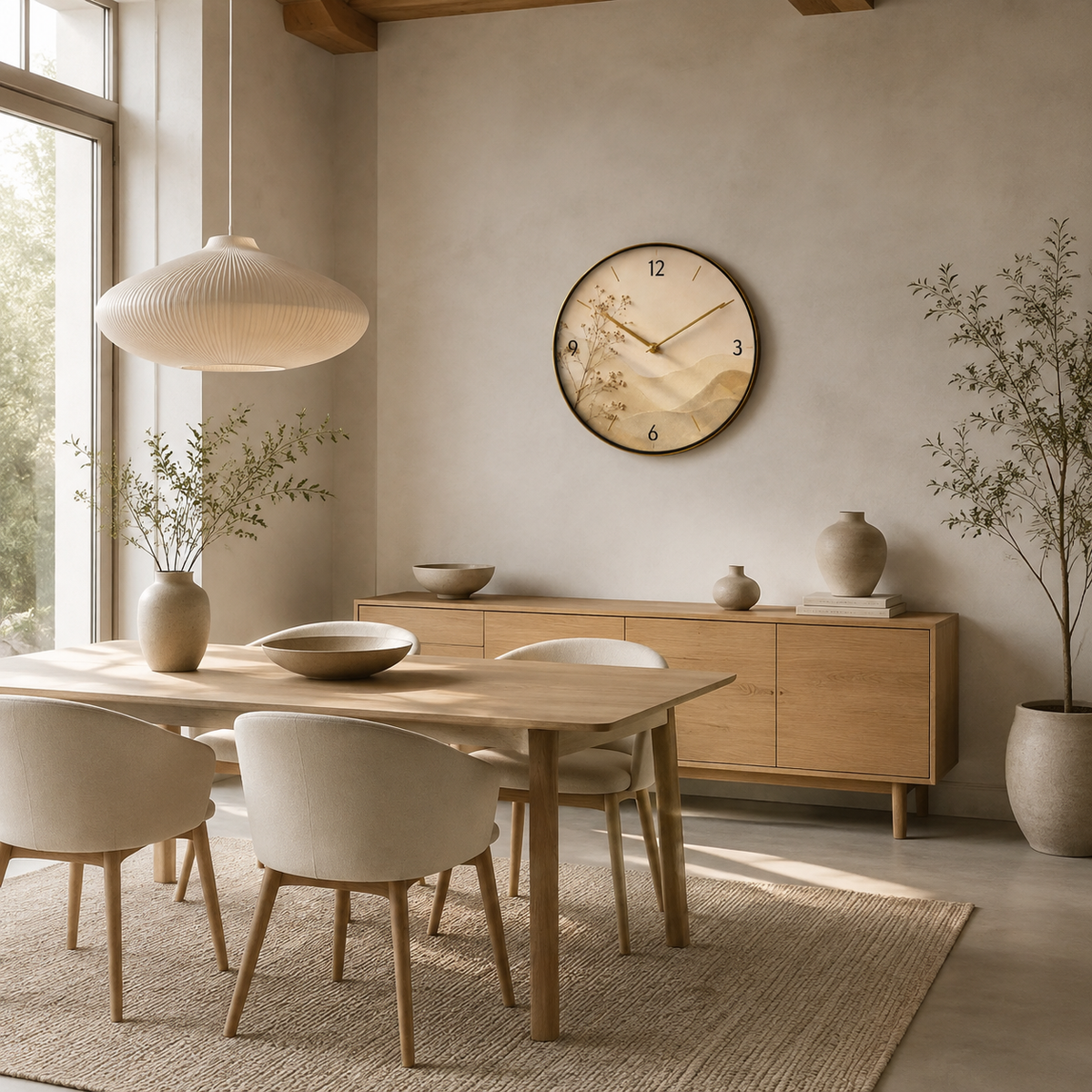 Japandi dining room with artistic wall clock