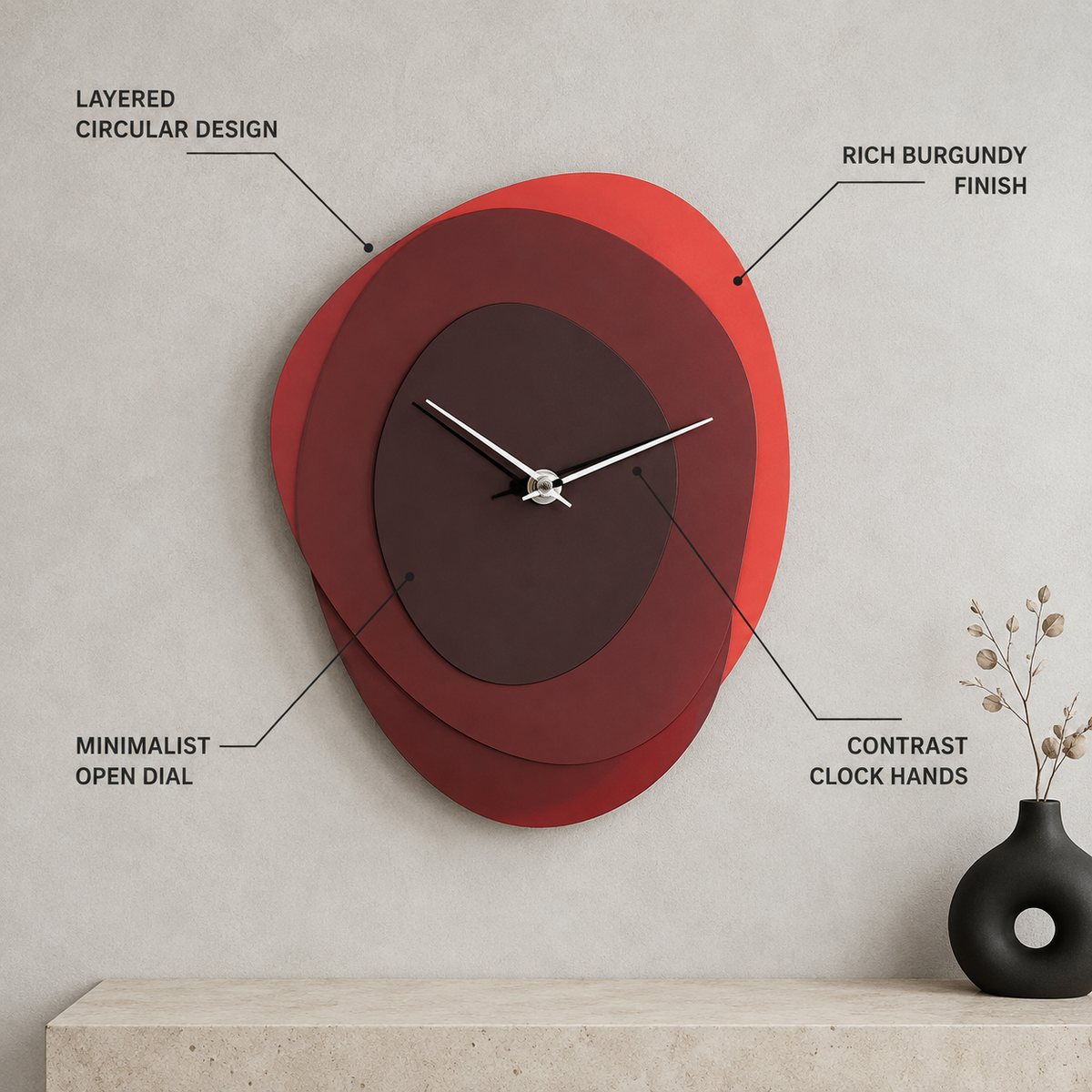 Layered burgundy wall clock feature callout infographic