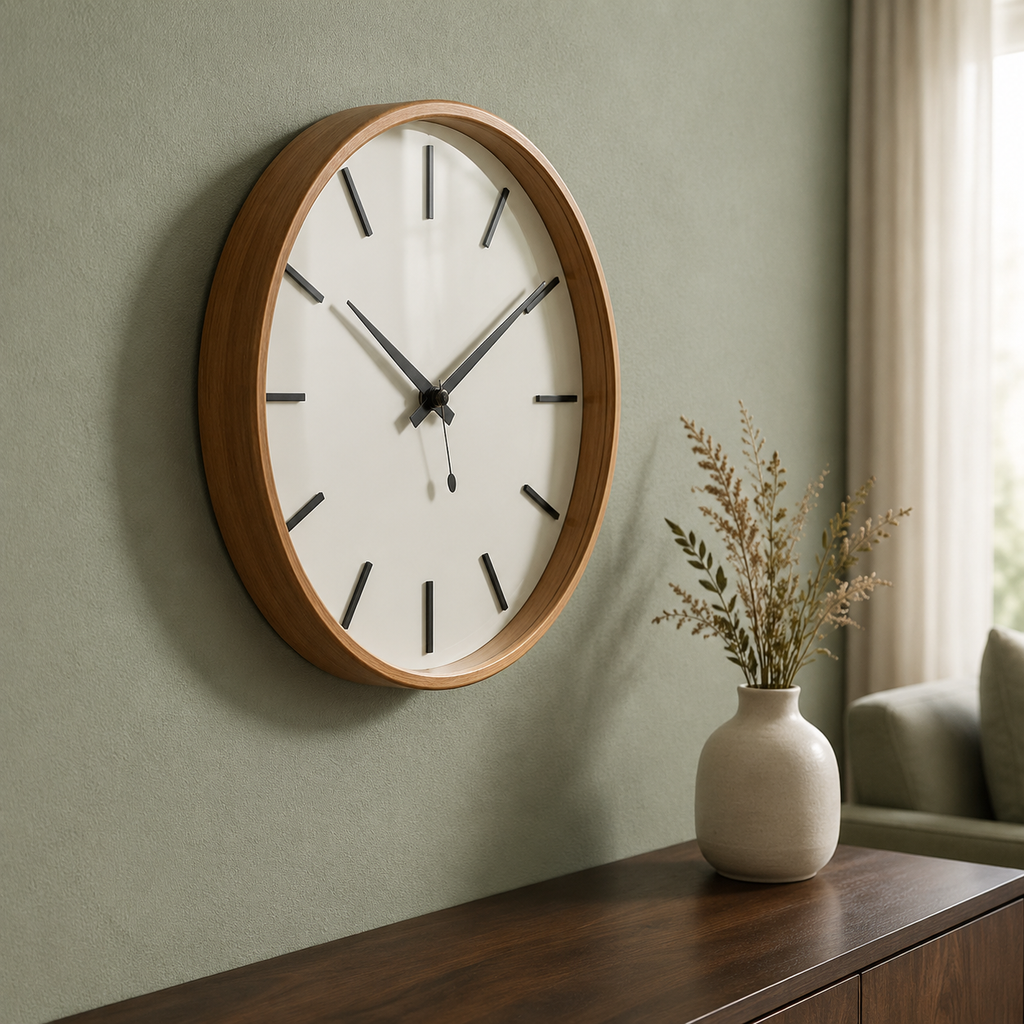 Left-angle wooden clock in sage living room