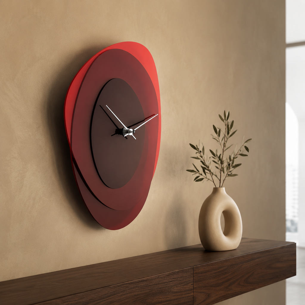 Left-angle sculptural clock in warm interior